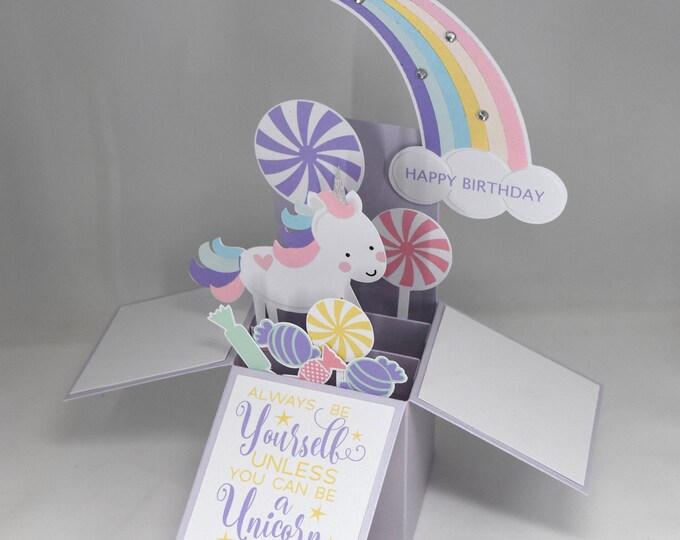 3D Unicorn Birthday Card, Box Card With Rainbow and Candy - Etsy