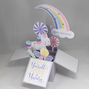 3D Unicorn Birthday Card, Box Card with Rainbow and Candy