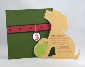 8 Puppy Party Shaped Invitations with Pocket and Custom Wording