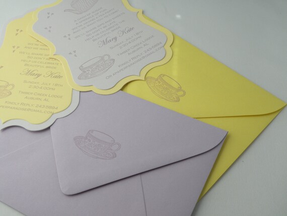 10 Bridal Shower Tea Party Invitations with Custom Wording in Yellow and Purple Il_570xn