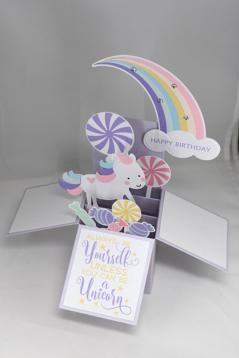 3D Unicorn Birthday Card, Box Card With Rainbow and Candy - Etsy