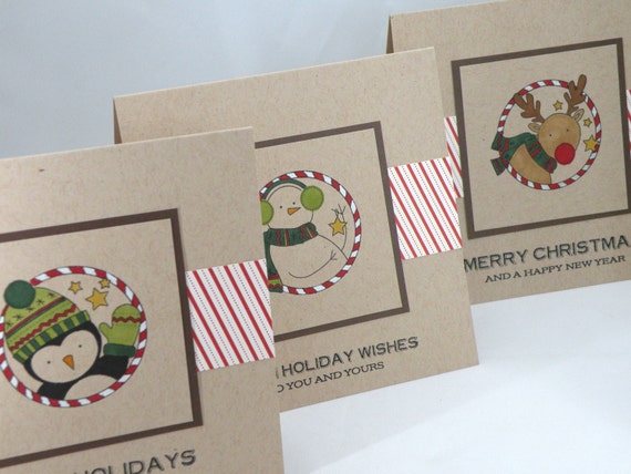 Three Kraft Christmas Cards with Penguin, Snowman and Reindeer Il_570xn