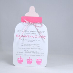 Pink Baby Bottle Shower Invitation with Crowns, Custom Wording