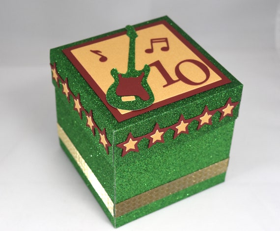 3D Green, Red and Gold 10th Birthday Card, Explosion Box Card, with Guitars and Tealight - double digits Il_570xn