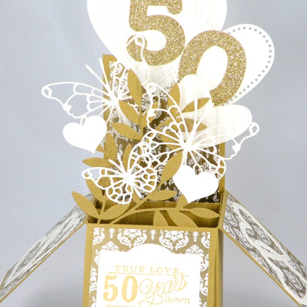 3D Golden Wedding Anniversary Card, Box Card with Hearts and Butterflies