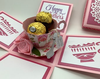 3D Pink and White Mother’s Day Tea Cup Explosion Box Card