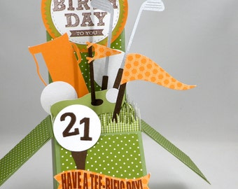 3D Golf Birthday Card, Age Card,  Box Card in Orange and Green