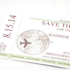 Boarding Pass Save The Date with World Map and Plane