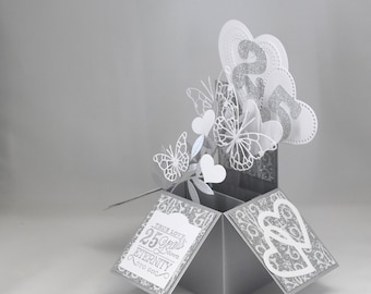 3D Silver Anniversary Card, Box Card with Hearts and Butterflies