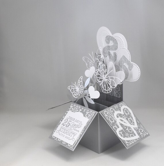 3D Silver Anniversary Card, Box Card with Hearts and Butterflies Il_570xn