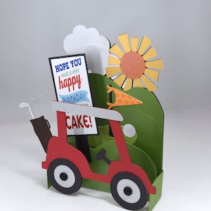 3D Golf Cart Birthday Card, Box Card in Red and Green
