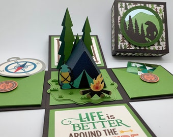 3D Camping Themed Birthday Card with Tent and Campfire, Explosion Box Card