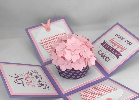 3D Purple and Pink Cupcake Birthday Card, Explosion Box Card, Il_570xn
