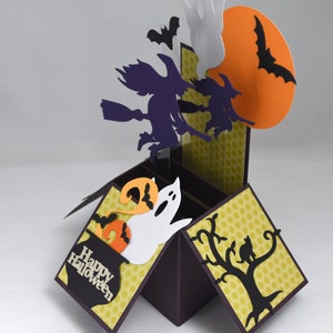 3D Happy Halloween Box Card with Witches, Ghosts and Bats