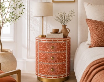 Handmade Bone Inlay Round Nightstand: Sunburst Boho Bedside Table with Drawers