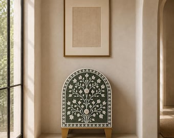 Green Genuine Bone Inlay Nightstand | Arched Tree of Life Bedside Table | Brass Leg Chest