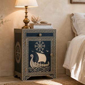 Peut inclure: Une table de chevet en bois bleu foncé ornée d'une illustration dorée de drakkar viking sur la porte, d'un symbole Vegvisir au-dessus du navire et d'une bordure à motif grec. Le meuble comprend un tiroir avec un bouton rond et une porte.