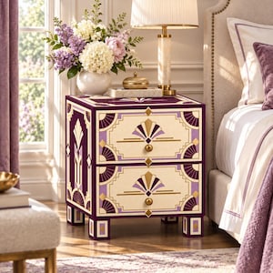 Art Deco Resin Inlay Nightstand, 2 Drawer Bedside Table for Bedroom, Geometric Fan Design