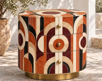 Terracotta and Cream Nightstand, 3 Drawer Geometric Resin Inlay Bedside Table for Bedroom