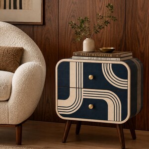 Art Deco Bone Inlay Nightstand | Navy Resin Bedside Table, Brass Knobs, Walnut Legs