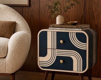 Art Deco Bone Inlay Nightstand | Navy Resin Bedside Table, Brass Knobs, Walnut Legs
