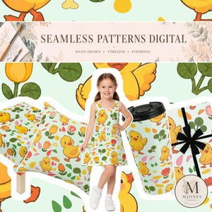 May include: A digital display featuring a seamless pattern of yellow ducklings, orange tulips, and green leaves on a light green background. The design is shown on a sleeveless dress, a square pillow, and a travel mug with a black lid.