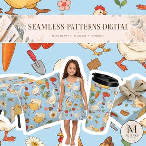 May include: A digital display featuring a light blue seamless pattern with illustrations of chickens, chicks, geese, carrots, strawberries, flowers, and gardening tools. The pattern is shown on a dress, a pillow, a tumbler, and wrapped gift.