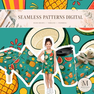Pode incluir: Uma exibição digital com padrões contínuos de abacaxis, melancias, cocos e bebidas tropicais num fundo azul-petróleo. O texto diz SEAMLESS PATTERNS DIGITAL, HAND DRAWN, TIMELESS, INSPIRING e MJONES & DESIGNS.