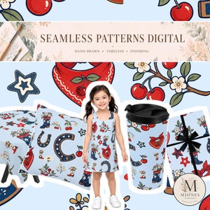 Cowgirl Seamless Pattern, Cherry Bandana Bows and Horseshoes, Western Floral Digital Pattern for Fabric