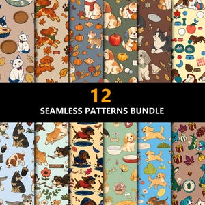 May include: A digital bundle of 12 seamless patterns featuring illustrated dogs, cats, pumpkins, autumn leaves, apples, and pet accessories. The collection includes various color palettes such as beige, blue, green, and brown, with repeating motifs of animals and seasonal items.