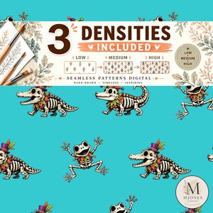 Swamp Halloween Seamless Pattern, 3 Densities, Watercolor Skeleton Alligator, Frog Fabric Design