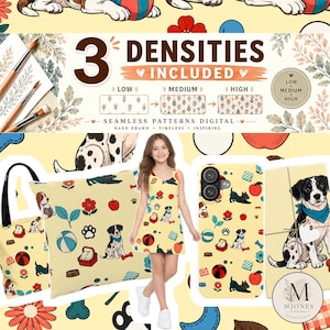 May include: A digital design display featuring 3 densities of a seamless pattern with hand-drawn dogs, apples, and flowers on a yellow background. The image shows a tote bag, a pillow, a dress, a phone case, and gift wrap with the same print.