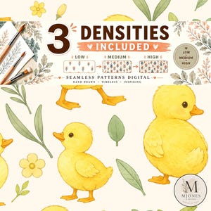 Könnte beinhalten: Eine digitale Grafik mit gelben Entenküken, grünen Blättern und gelben Blumen. Der Text lautet 3 DENSITIES INCLUDED, LOW, MEDIUM, HIGH, SEAMLESS PATTERNS DIGITAL, HAND DRAWN, TIMELESS, INSPIRING und MJONES & DESIGNS. Enthält drei Pinsel.
