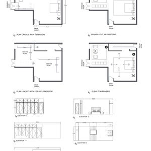 May include: A technical architectural floor plan and elevation drawing set for a room layout. The document includes labeled sections such as Plan Layout with Dimension, Plan Layout with Ceiling, Elevation Number, and various numbered elevations.