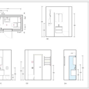 May include: A technical architectural floor plan and elevation drawing of a bathroom layout. The black and white diagram displays dimensions in millimeters, including a top-down view and four side elevations labeled A, B, C, and D.