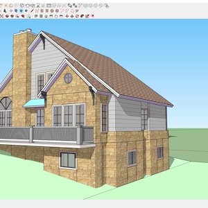 May include: A 3D digital architectural model of a two-story house featuring a stone facade, a brown shingled roof, and a large elevated deck with gray railings. The design includes a prominent stone chimney, multiple windows, and light siding.