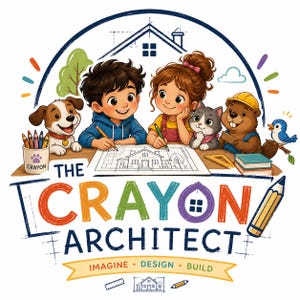 May include: A colorful logo featuring a boy and girl drawing a house on paper, surrounded by a puppy, kitten, beaver, and blue bird. The text reads THE CRAYON ARCHITECT with the tagline IMAGINE DESIGN BUILD, accompanied by a pencil and ruler.