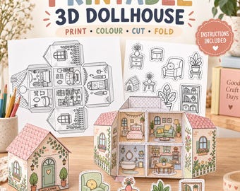 Viral Foldable paper Dollhouse PDF, 3D Paper Doll House Template, Color Cut and Fold Kids Craft, Screen Free Activity, Instant Download