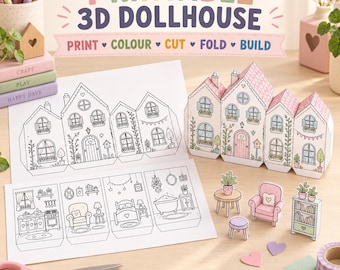 Trending Printable Dollhouse PDF, 3D Paper Doll House Template with Furniture, Color Cut Fold Kids Craft Activity, Digital Download