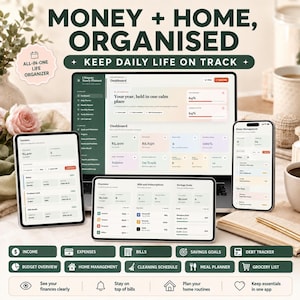 May include: A digital life organizer displayed on a laptop, tablet, and smartphone. The screens show financial dashboards, income trackers, and home management tools with text including MONEY + HOME, ORGANISED and KEEP DAILY LIFE ON TRACK.