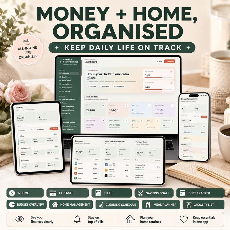 May include: A digital life organizer displayed on a laptop, tablet, and smartphone. The screens show financial dashboards, income trackers, and home management tools with text including MONEY + HOME, ORGANISED and KEEP DAILY LIFE ON TRACK.