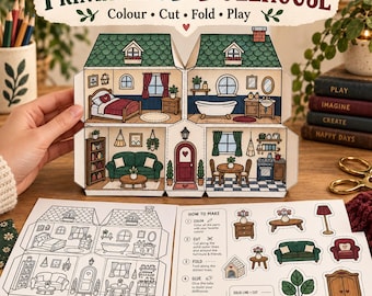 Trending Printable Paper Dollhouse PDF, Viral 3D Paper House Craft, Color Cut Fold Kids Activity, Miniature Furniture, Instant Download