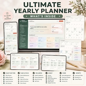 May include: A digital Ultimate Yearly Planner displayed on a laptop, smartphone, and tablet screens. The interface features a dashboard with progress bars, a monthly calendar, and sections for self-care and income tracking, all in a clean, neutral color palette.