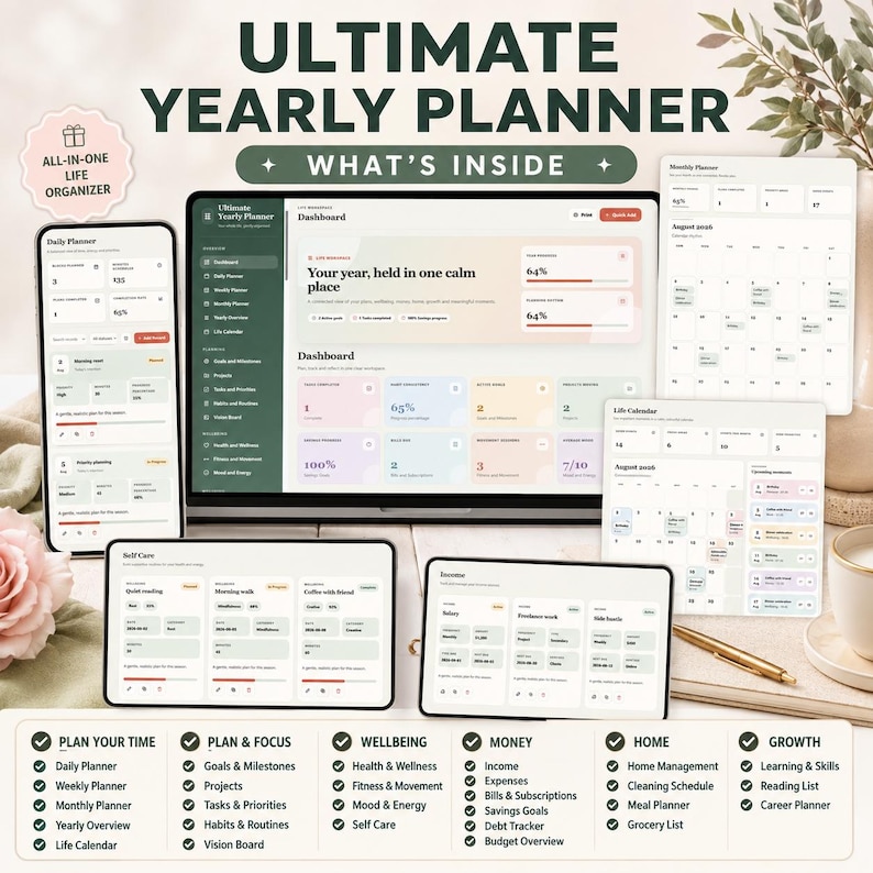 May include: A digital Ultimate Yearly Planner displayed on a laptop, smartphone, and tablet screens. The interface features a dashboard with progress bars, a monthly calendar, and sections for self-care and income tracking, all in a clean, neutral color palette.