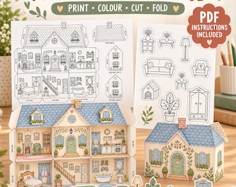 Printable Dollhouse PDF, 3D Paper Doll House Template, Color Cut Fold Kids Craft, Mini Furniture, Screen Free Activity, Instant Download