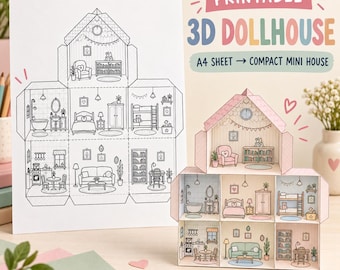Foldable paper dollhouse house template:  decorated rooms, ready for printing and colouring
