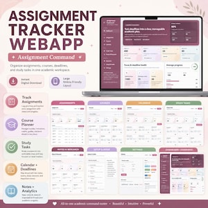 May include: A digital assignment tracker webapp interface displayed on a laptop screen, featuring a dashboard with progress metrics, deadline health, and organized tabs for assignments, courses, calendar, study tasks, notes, and settings.