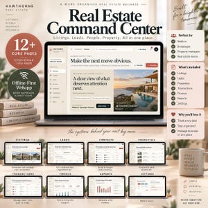 May include: A digital real estate command center dashboard displayed on a laptop screen, featuring sections for listings, leads, contacts, properties, transactions, finance, reports, and settings, with text overlays detailing business management tools.