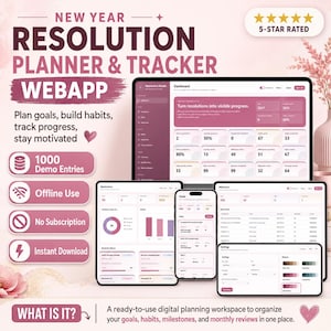 May include: A New Year Resolution Planner & Tracker webapp displayed on a laptop, tablet, and smartphone screen. The interface features a pink and white color scheme with data dashboards, goal tracking charts, habit lists, and settings menus.