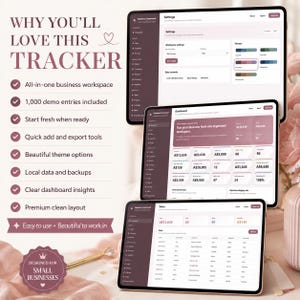 May include: Three digital tablets display a business tracker interface with a dark mauve and white color scheme. The text reads WHY YOU'LL LOVE THIS TRACKER, listing features like all-in-one workspace, demo entries, and a badge stating DESIGNED FOR SMALL BUSINESSES.